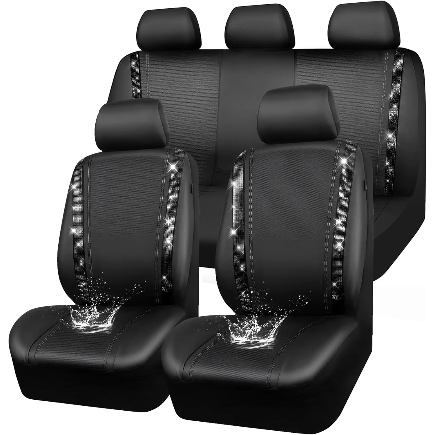 

9-Piece PU Leather Patchwork Car Seat Covers with Clear Rhinestones,Front and Rear Universal Fit for Seat Accessories