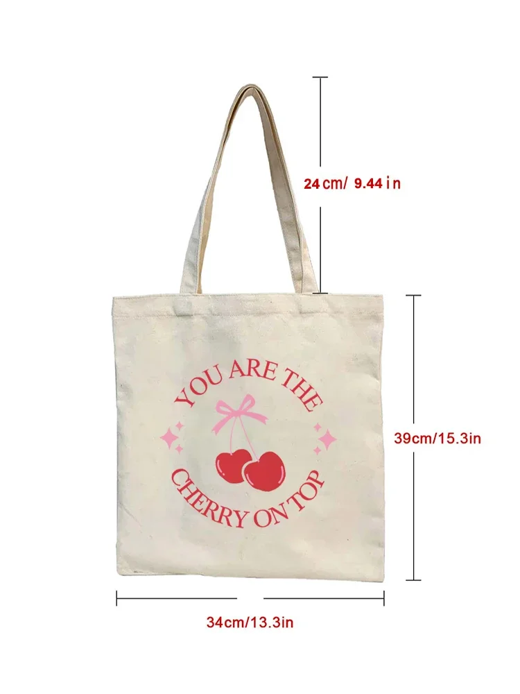 1pc Cherry Patterned Handbag Aesthetic Tote Bags Canvas Bag Fruit Cute Shopping Bags Canvas Shoulder Bag Women Students Eco Shop