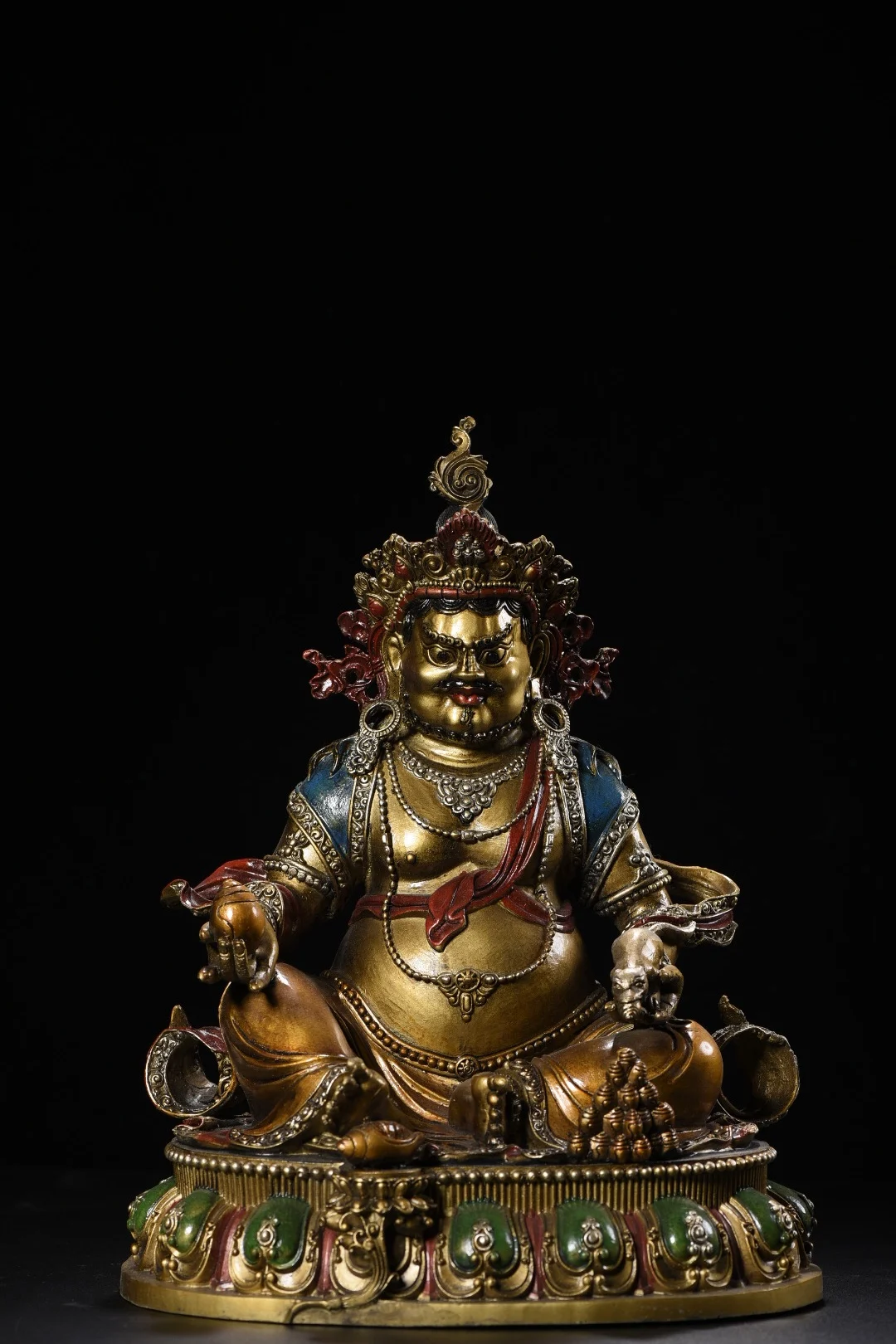 

13"Tibetan Temple Collection Old Bronze Painted Gilded Yellow Jambhala Sitting Buddha yellow fortune god Worship Hall