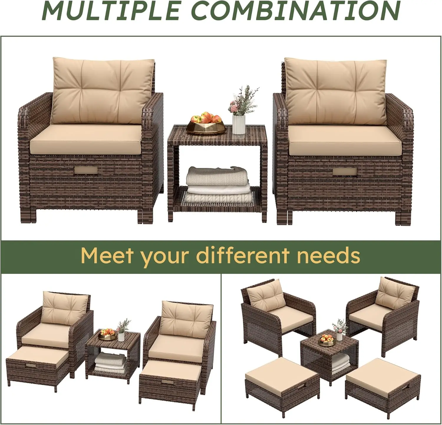 5-delige buitenterrasset met stoelen, poef en salontafel met kussens – beige en bruin