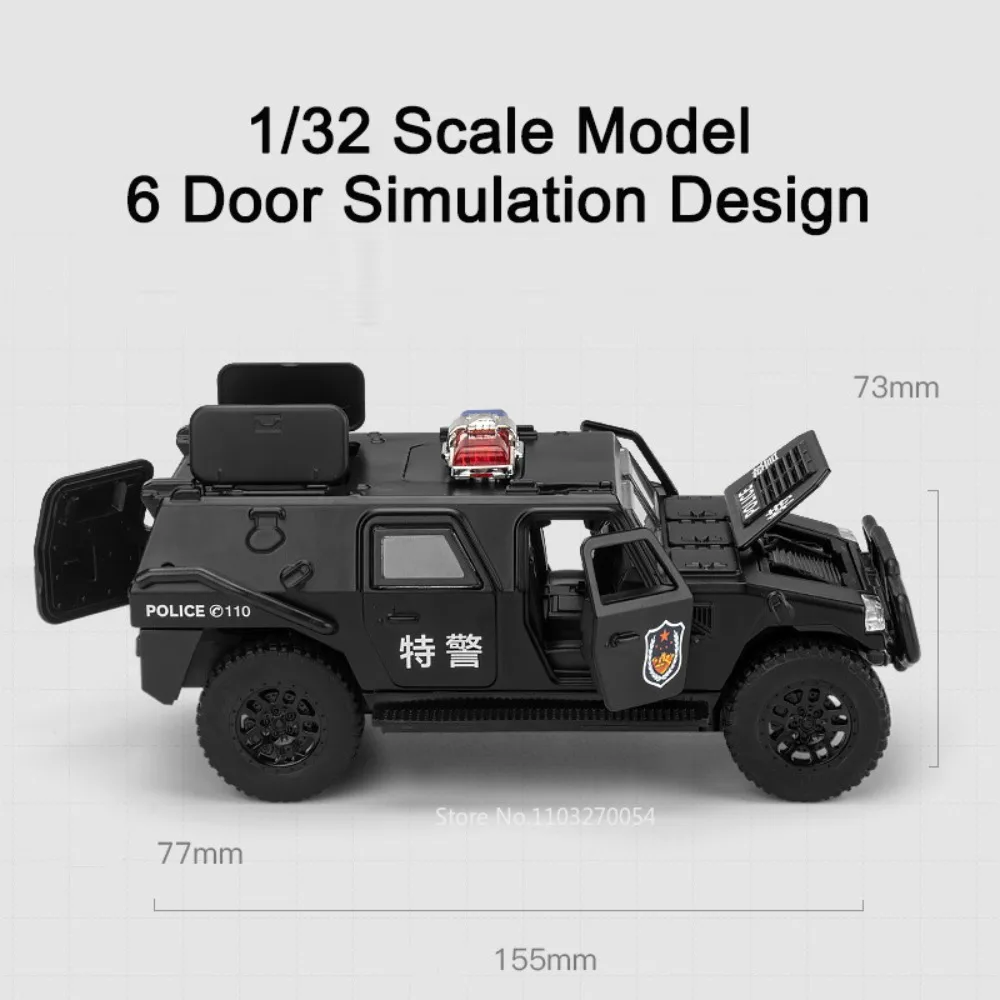 1/32 Dongfeng Warrior Toys Cars Model Alloy Diecast SUV Police Car Sound Light Pull Back Metal Body Rubber Tire Toys Kids Gifts