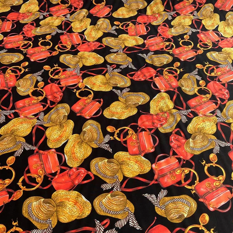 114CM Wide 16MM Bags and Hats Printed Black Silk Crepe de Chine Fabric for DIY Sewing Summer Soft Dress Pants Pajamas C001-53