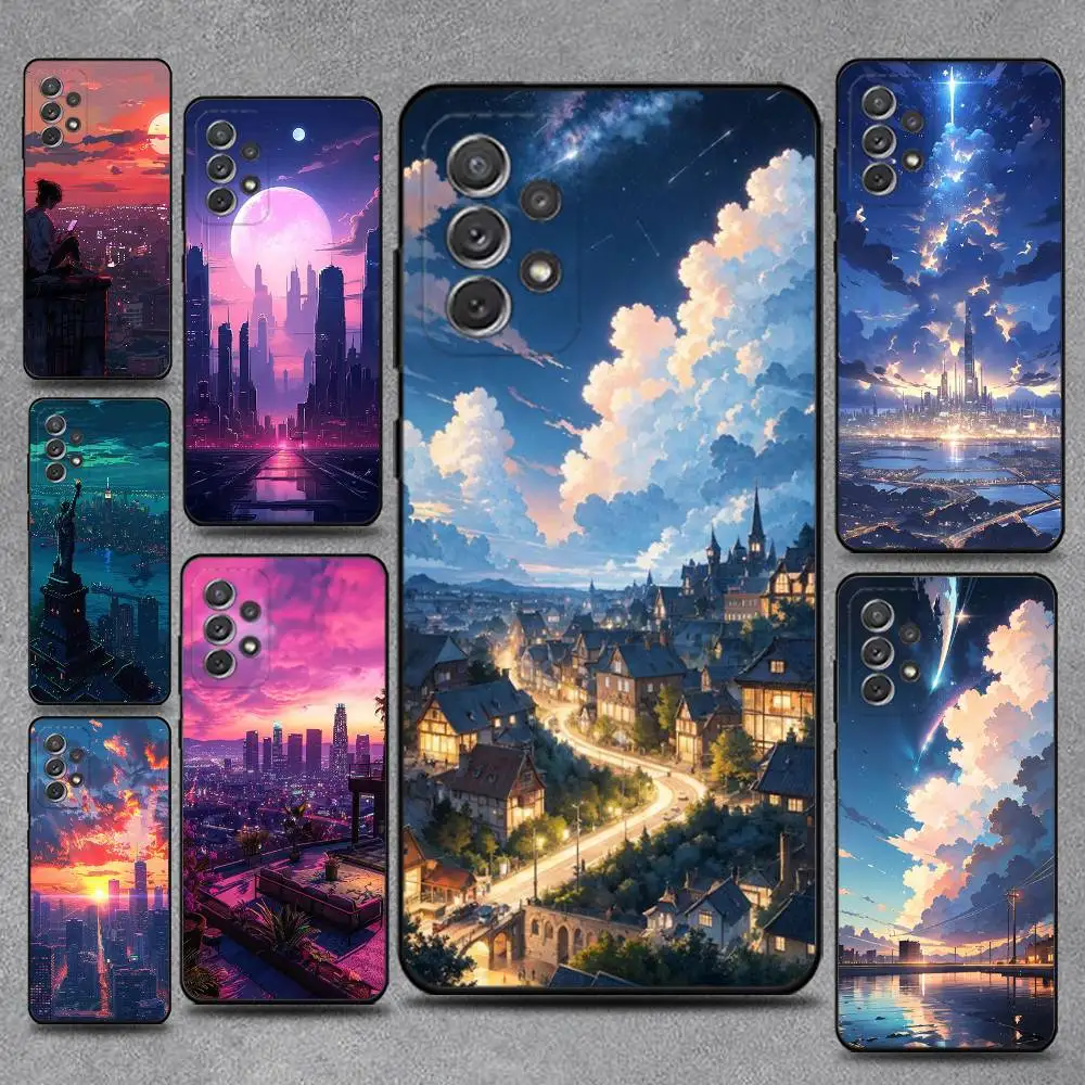 

City Night Sky Phone Case For Samsung S25,S24,S21,S22,S23,S30,Ultra,S20,Plus,Fe,Lite,Note,10,9,5G Black Cover
