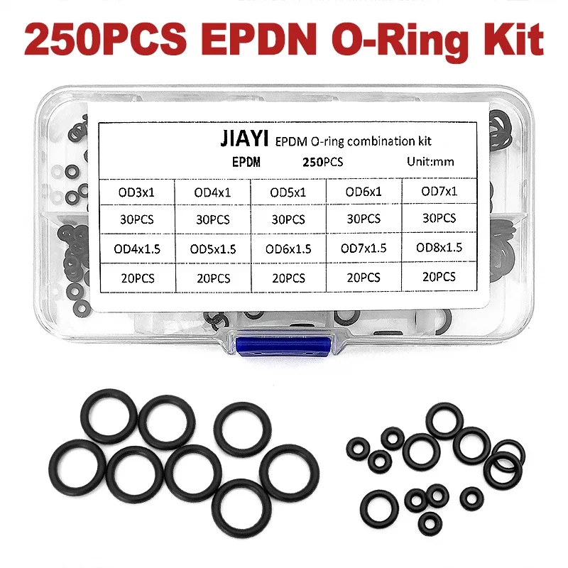 

250Pcs EPDM O-Ring Assortment Black OD 3-8mm CS 1/1.5mm Acid Alkali Resistant Seal For Plumbing Machinery Repair