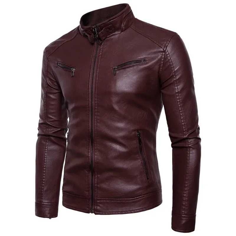 Men Autumn Winter Locomotive PU Leather Jacket Stand-up Collar Long Sleeve Zipper Coat - Image 6
