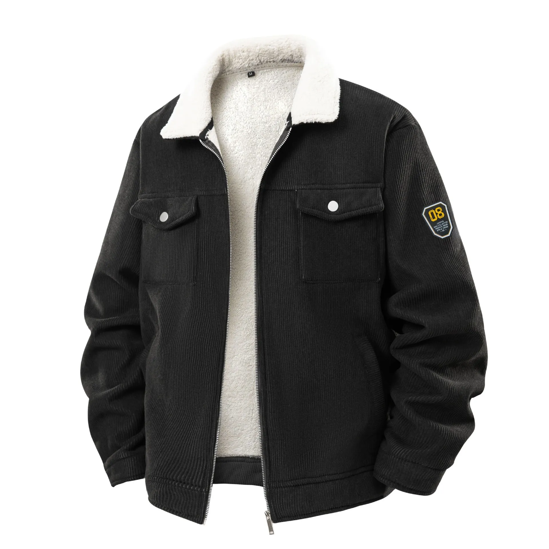 Winter Man Plush Coat Letter Embroidery Contrast Color Patchwork Male Jacket Thicken Long Sleeve Pocket Loose Men Outerwear