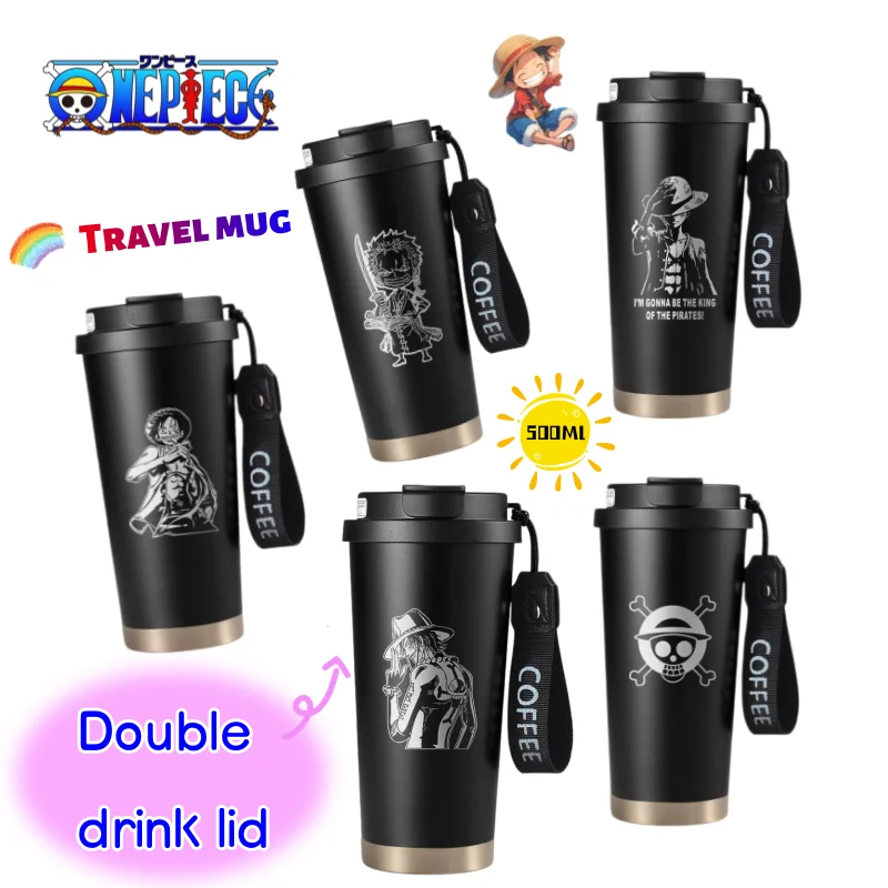 

New One Piece Luffy Roronoa Zoro Ace Thermos High Creative Cartoon Double Lid Stainless Steel Water Cup Student Accompanied Cup