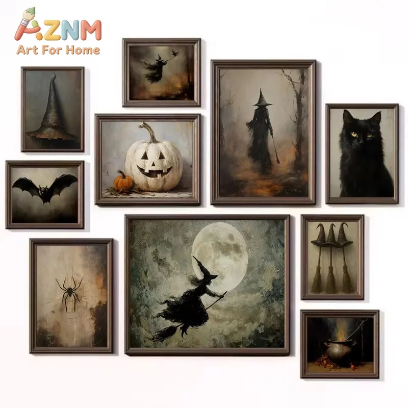 1PC Vintage Gothic Witch Black Cat Bat Pumpkin Spider Wizard Broomstick Halloween Poster Canvas Painting Wall Home Decor