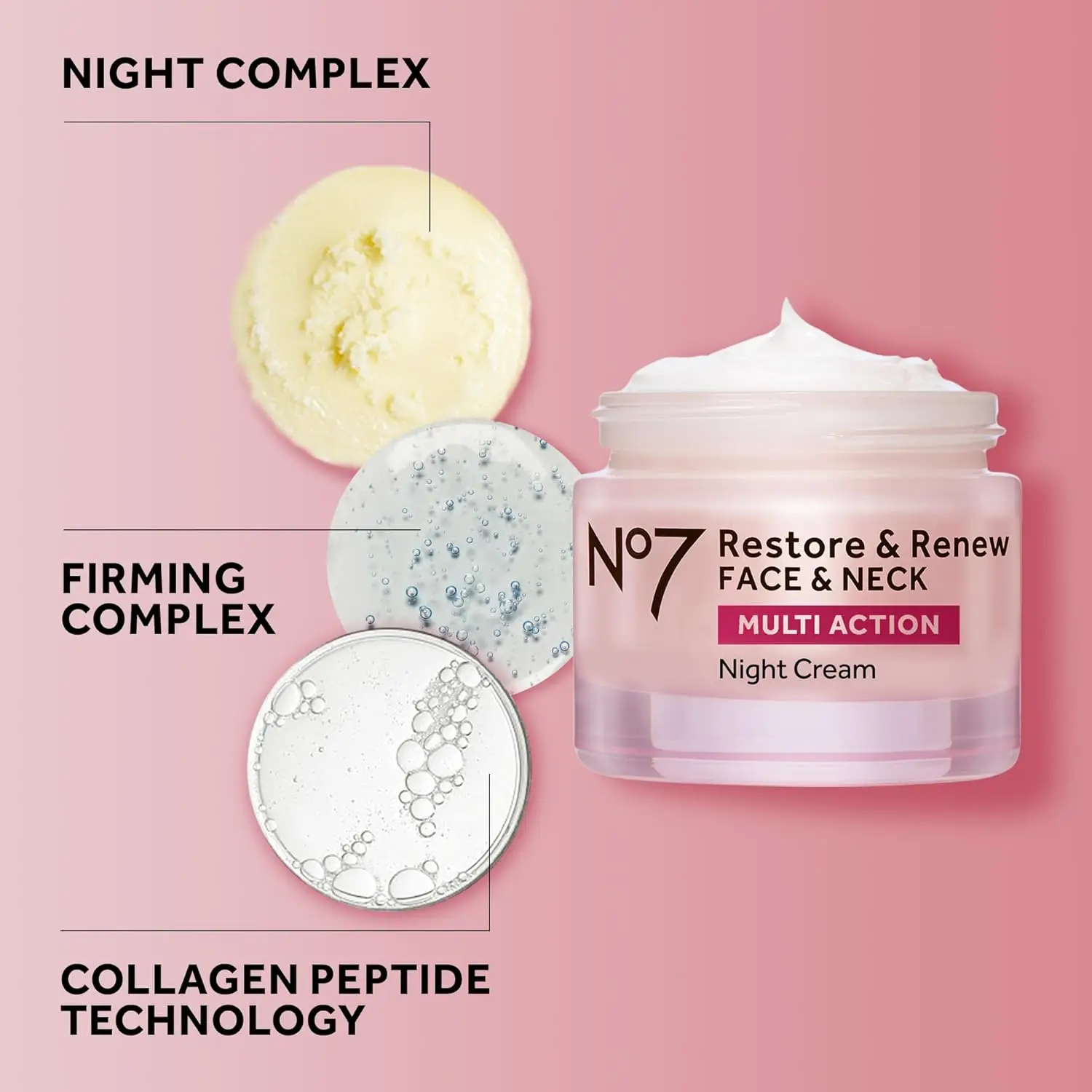 No7 Restore & Renew Crema Notte Multi Action per Viso e Collo, Crema Idratante Antietà con Peptidi di Collagene, 1,6 Oz