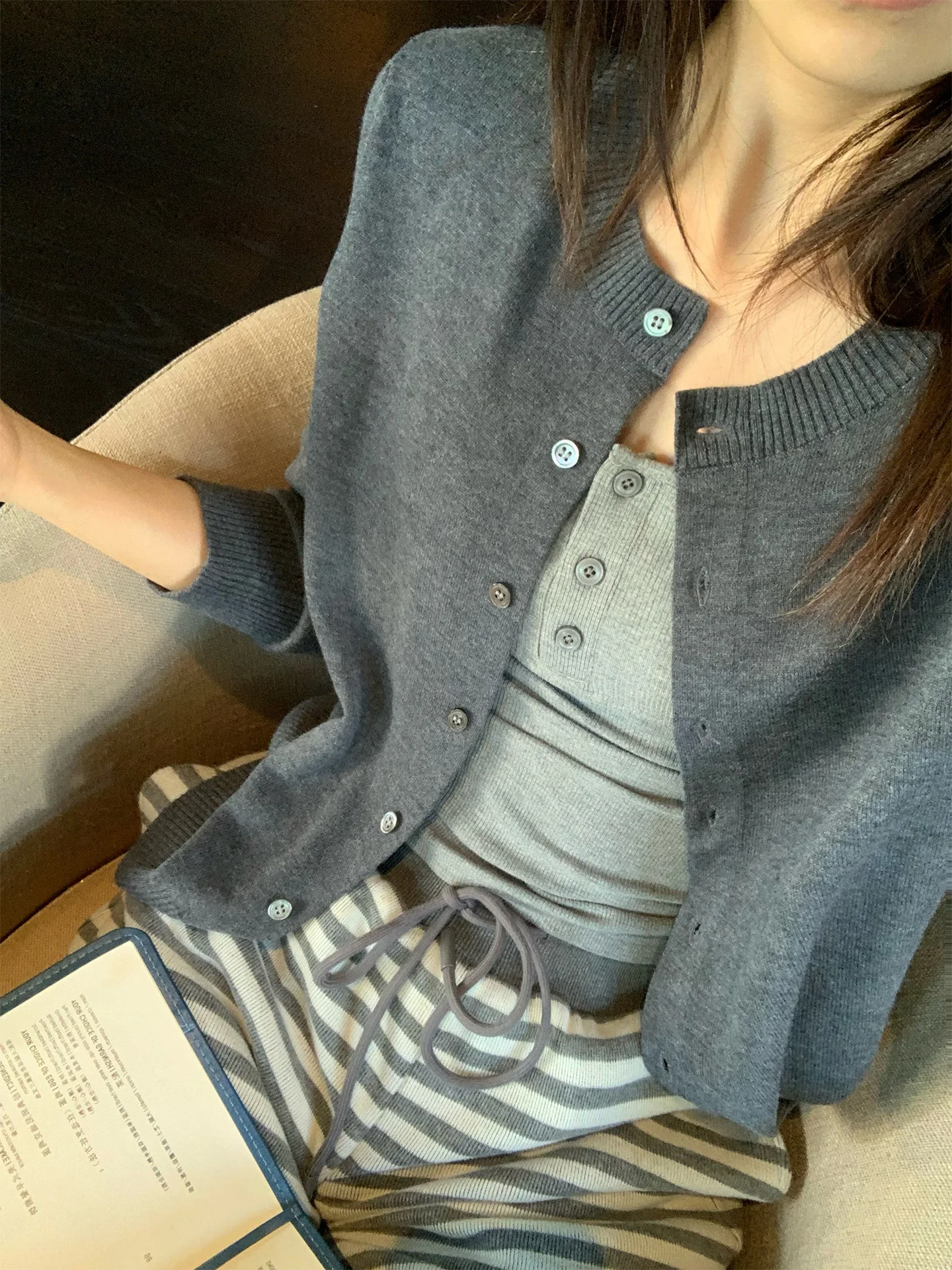 

MultiMath Four-Color Open Cardigan Woolen Knitted Loose round Neck Sweater Slimming Paper-Like Women's Fashion Casual Knitwear