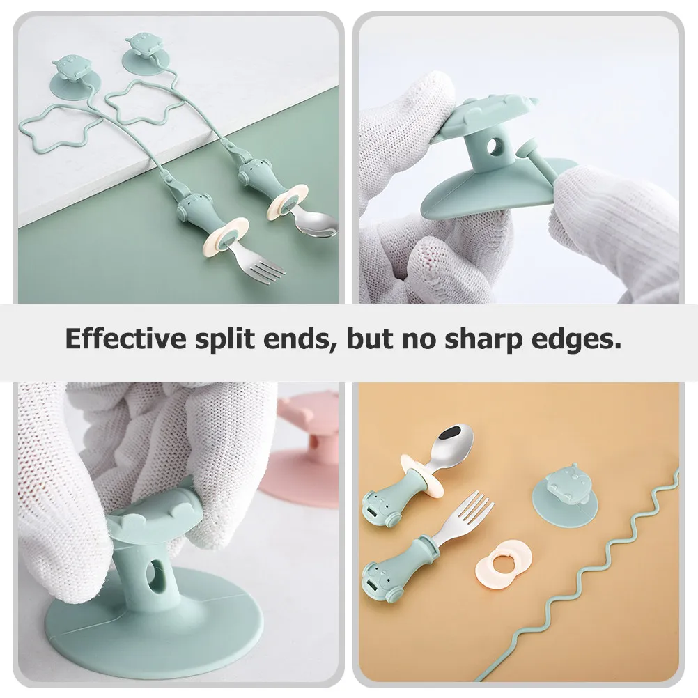 

1 Set Baby Fork Spoon Suction Cup Anti-Drop Chain Toddler Self Feeding Utensils Silicone Dining Kit Tableware For Travel Kids