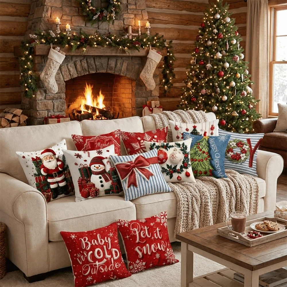 Cartoon Christmas Pillow Covers Flat Printing Snowman Holiday Cushion Cover 45*45 cm Square Xmas Pillow Cover New Year