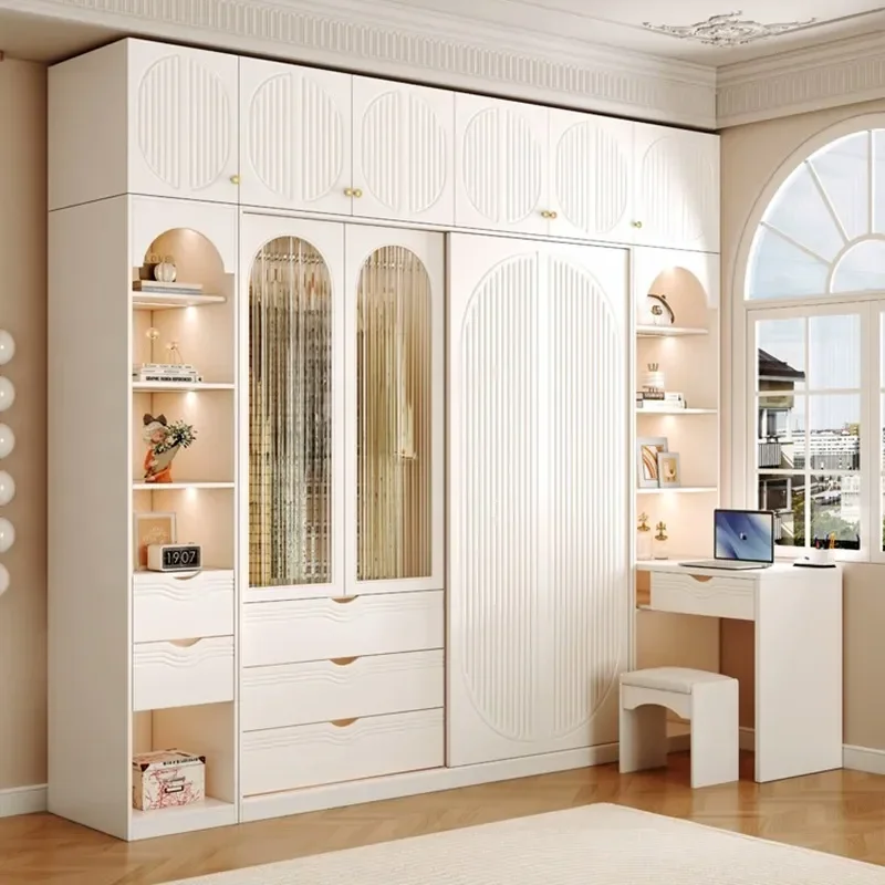 for French Wardrobe Desk Combination Student Home Bedroom Cream Style Solid Wood Telescopic Corner Computer Table Wardrobe