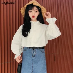 Shirts Women Ruffle Leisure Stand Collar Solid Flare Sleeve Womens Chic Pleated Loose Blouses Sweet Shirt Students All-match New