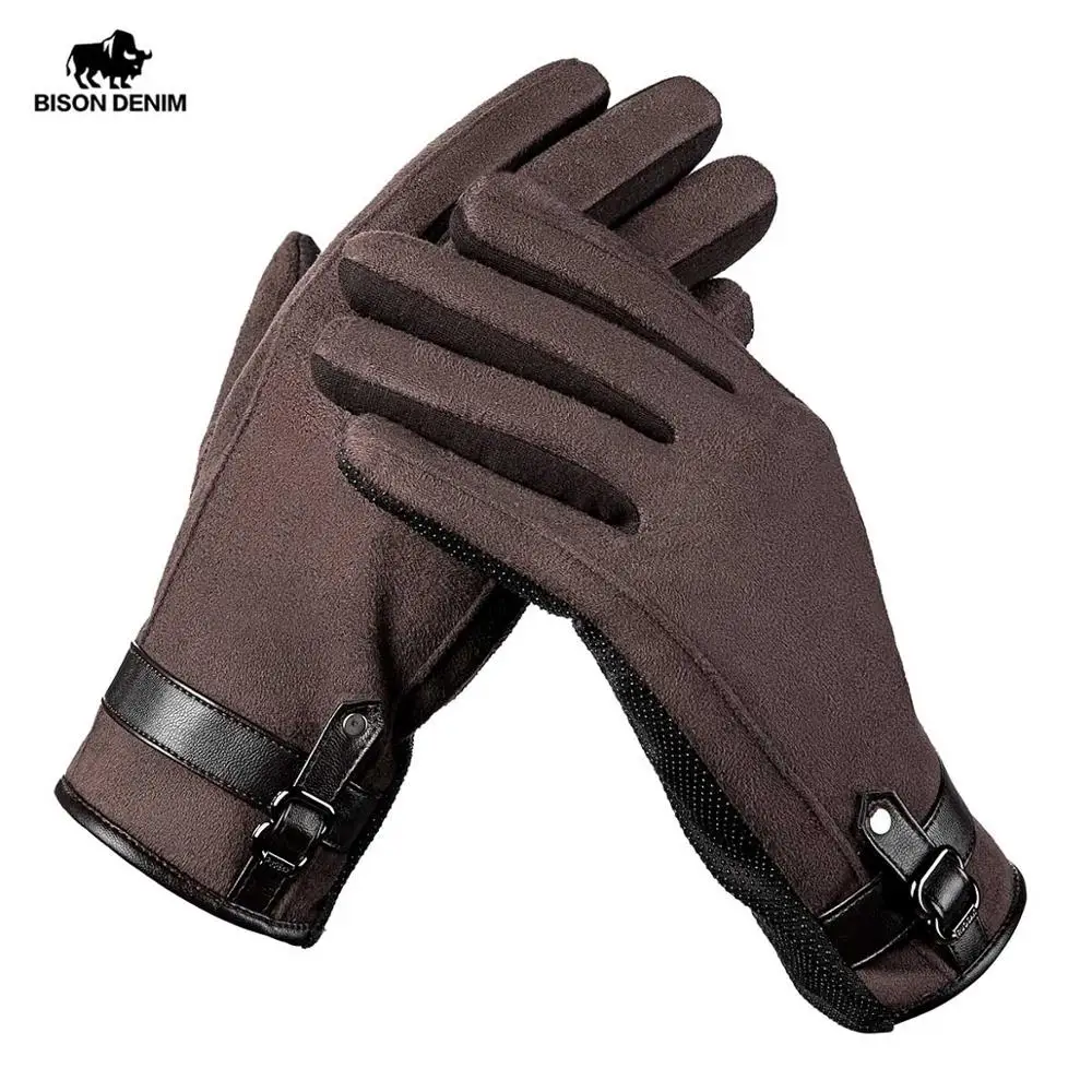 BISON DENIM Fashion Autumn Winter Gloves Touch Screen Warm Fleece Gloves for Men Windproof Full Finger Driving Riding Gloves