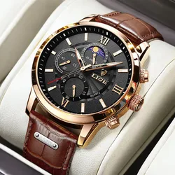 LIGE Fashion Business Watch Men Top Brand Luxury Leather Military Watch For Men Sport Waterproof Quartz Chronograph Reloj Hombre