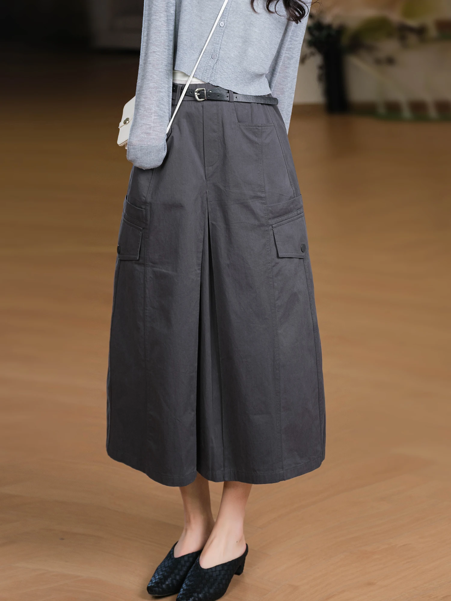 

100% Cotton Workwear Skirt with Pockets Elastic Waist Pleated 3D Design Standard Fit A-Line Skirt for Women Summer 2026