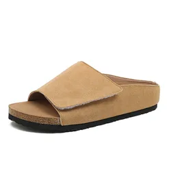 Women Slippers Flat Open Toe Slippers Women's Summer Outwear Cowhide Suede Leather Slippers Pantuflas De Mujer Dames Muiltjes