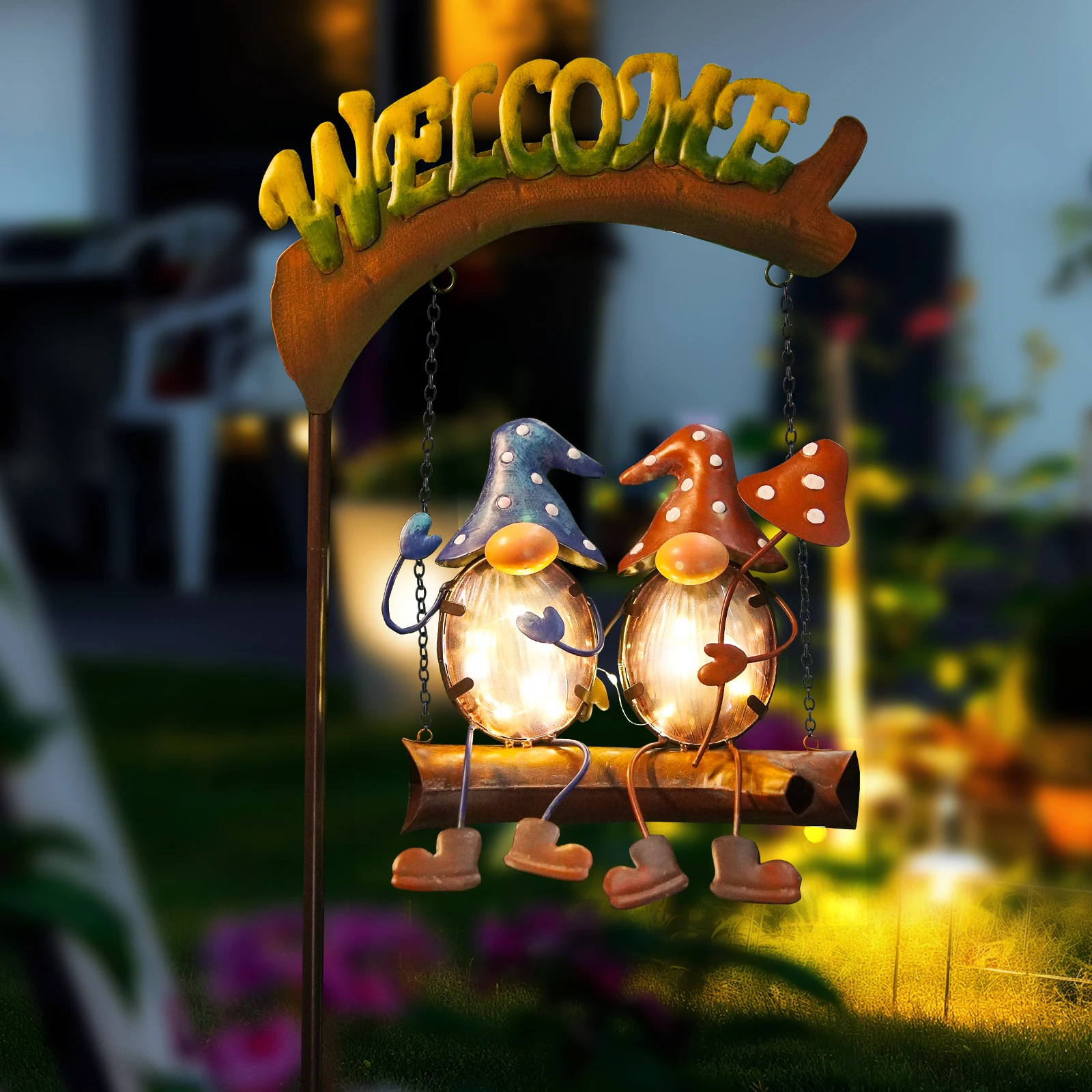 Solar Lights Outdoor Decor, Gnomes Swing Garden Decor, Funny Gifts for Women Mom, Gnomes Outdoor Decorations with Welcome Sign