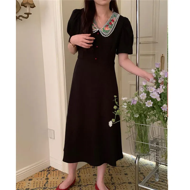 Summer Retro Women Midi Dress  Korea Office Lady Embroidery Floral Peter Pan Collar One Piece Female Fashion Black Pink Vestido