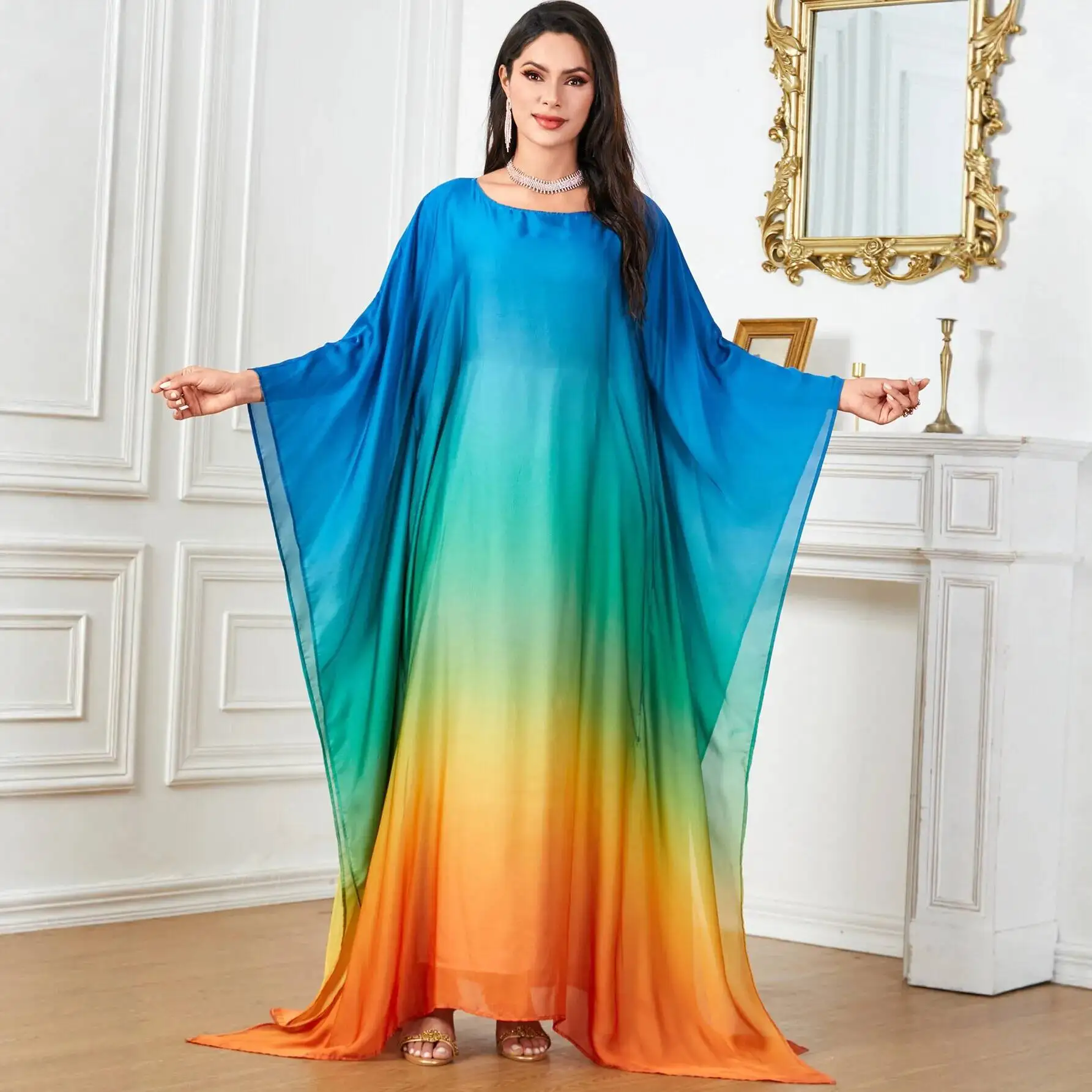 

Gradient Color Long Dress For Women, Fashionable Loose Dress, New Jalabiya Robe Abaya Ramadan Dubai Luxury Islam Elegant