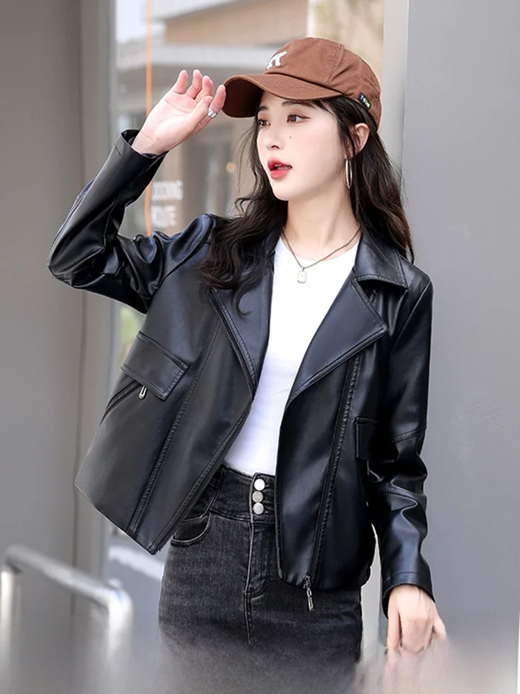 

Женская кожаная куртка из натуральной овчины Haining, короткий рукав, весна 2025, новая модная повседневная мотоциклетная куртка больших размеров