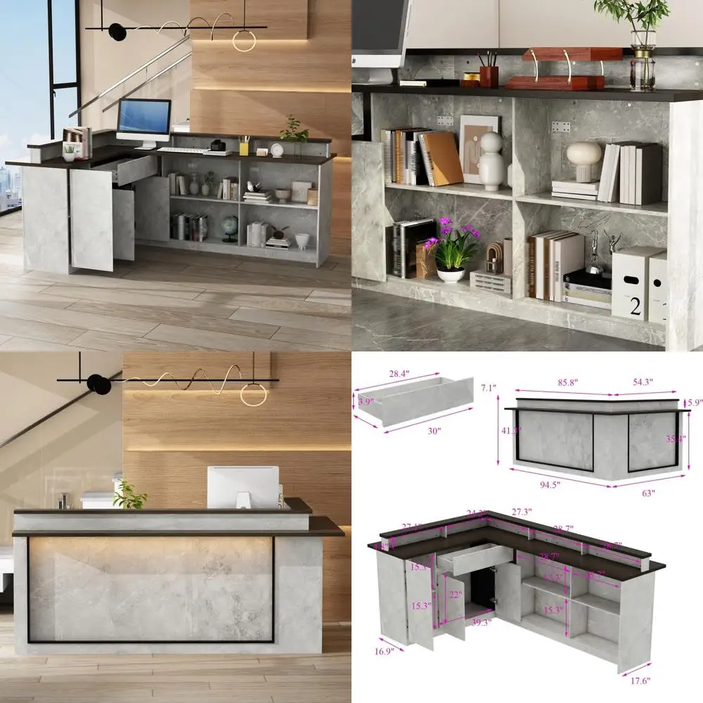 

85-дюймовый L-образный стол со светодиодной подсветкой и местом для хранения, подходит для бизнеса и лобби, отделка под мрамор и коричневый цвет