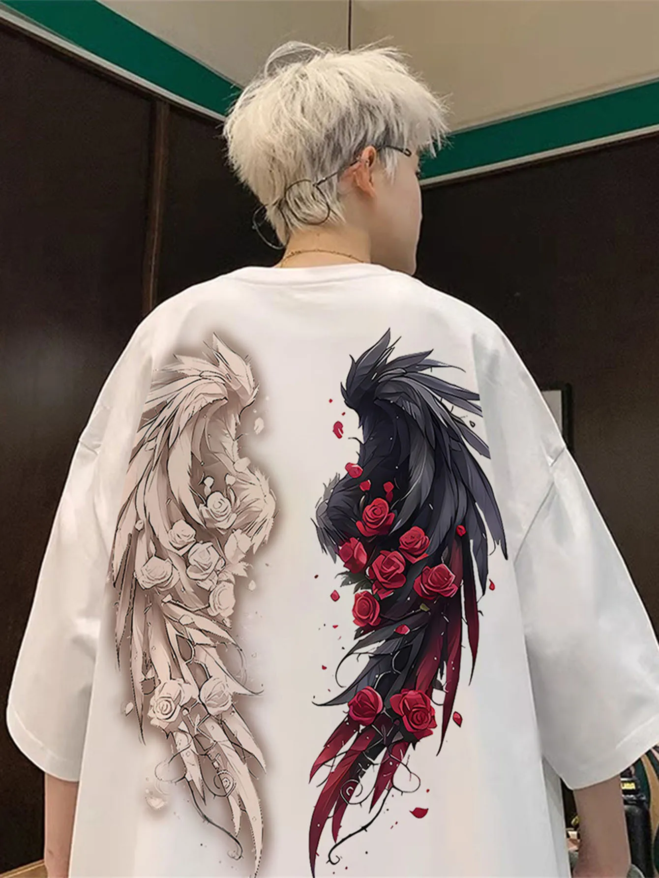 

Summer Men's and Women's 3D Printed Round Neck Short Sleeve T-shirt with Delicate Rose and Wings Pattern Youth Unisex Tops