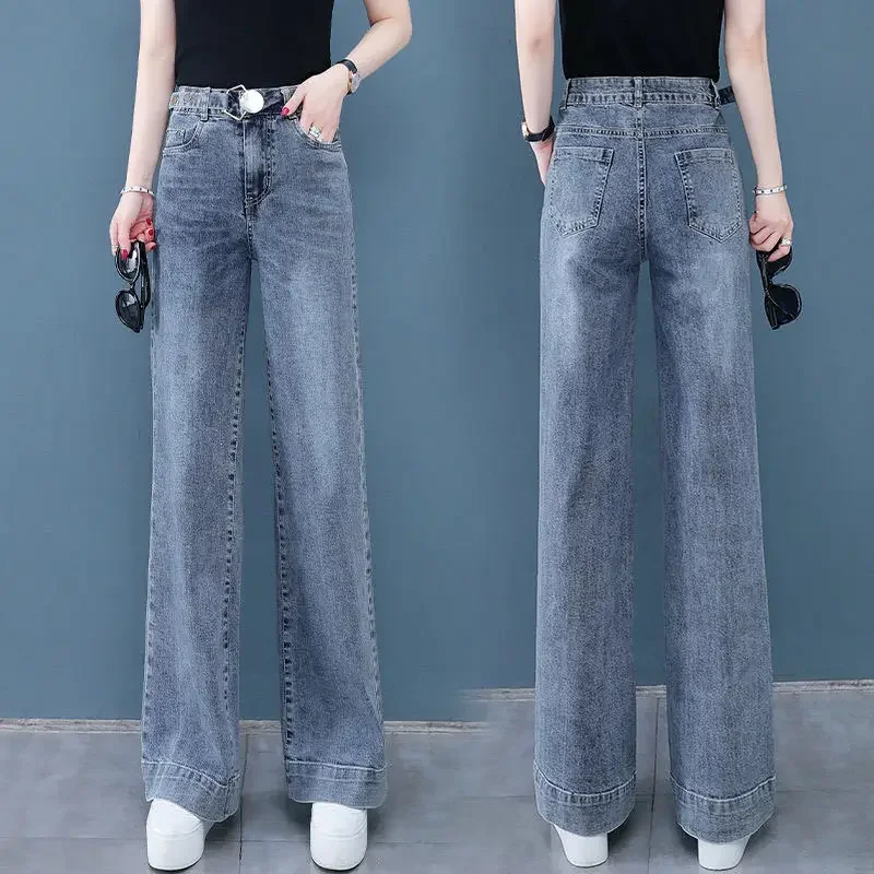 Celana Jeans Wanita Musim Semi Gugur Model Korea Terbaru, Kaki Lebar, Pinggang Tinggi, Potongan Lurus, Warna Khaki, untuk Remaja Putri