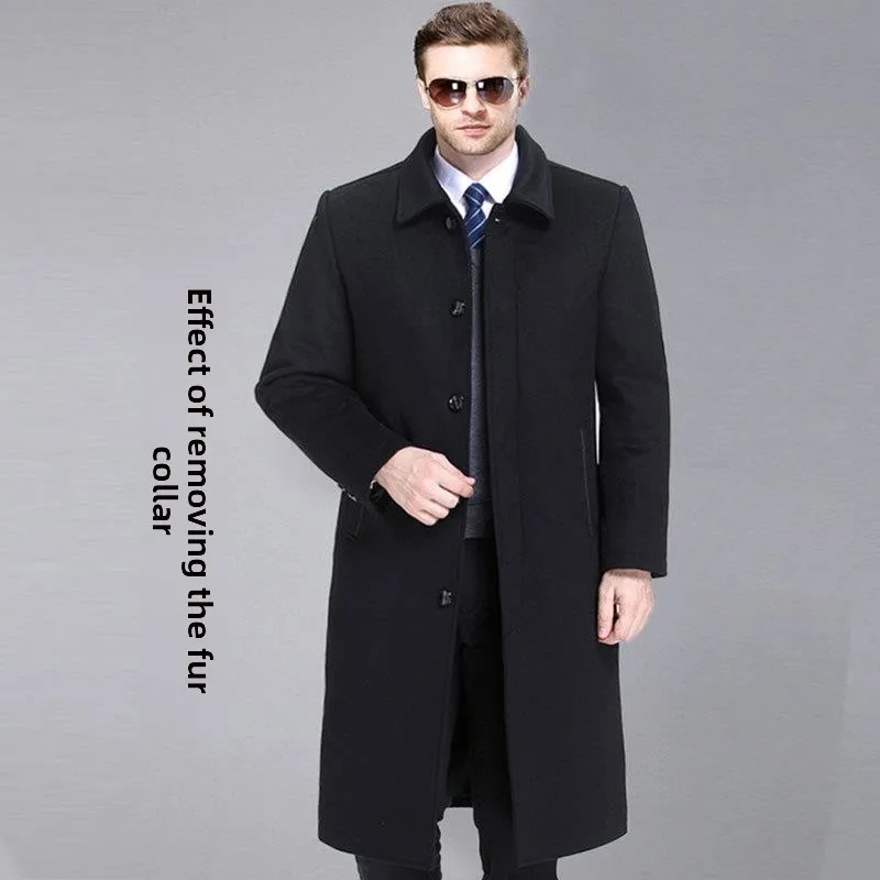 

Thick Winter Men's Coat Business Casual Mid-Length Woolen Overcoat Male Long Collar Fashionable Cotton Blend Adult Wear