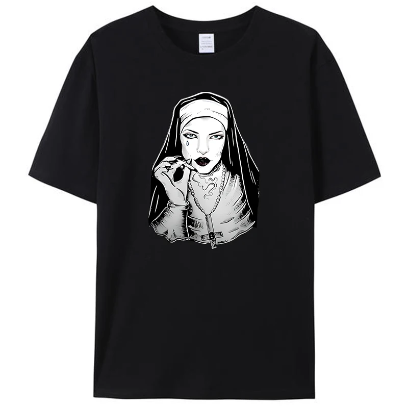 

Funny Bad Nun Satanic Unholy Nun Occult Gothic Evil Anti-Christ Men's T-Shirt Clothing Vintage Women Graphic Tee Shirts Gifts