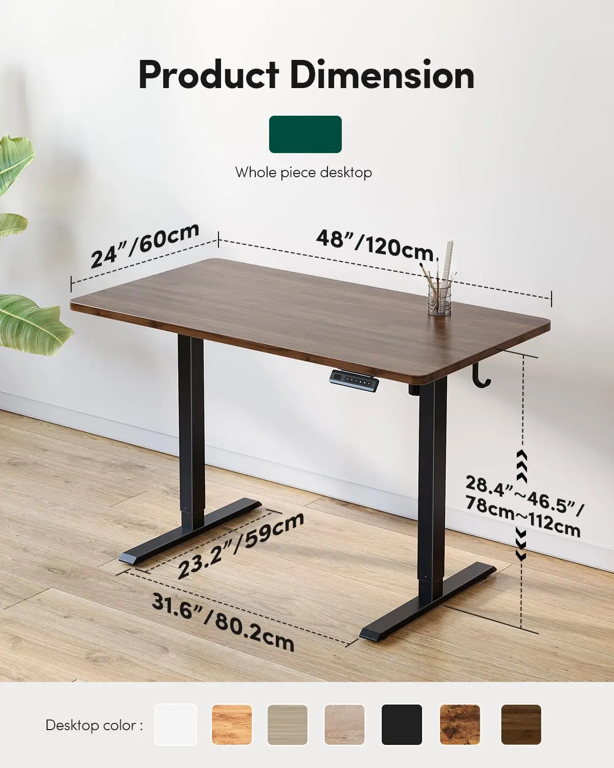 One-Piece Electric Adjustable Height Standing Desk 48x24 Inch with 4 Memory Presets & Headphone Hook for Home Office, Customized