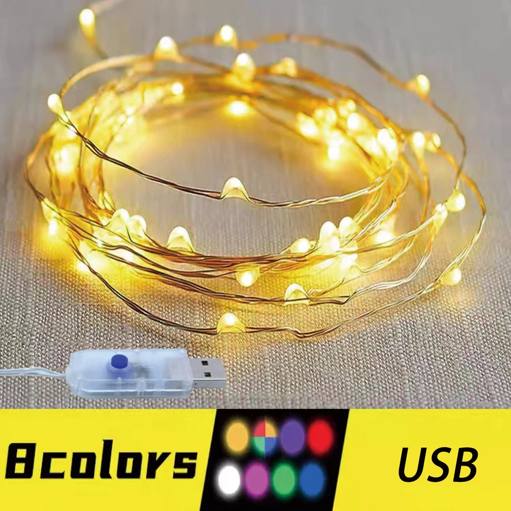 Luces de hadas de alambre de cobre Led USB, 8 modos, guirnalda impermeable, Navidad, boda, fiesta, jardín, vacaciones, decoración del hogar, cadena