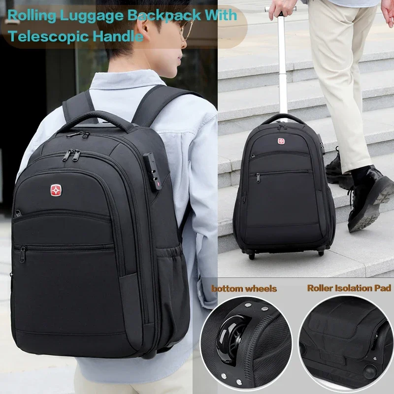 

Рюкзак на колесиках большой вместимости. Подходит для поездок на работу. Проверка в деловых поездах. Подорожные повседневные прогулки. Поверните в школьную сумку.