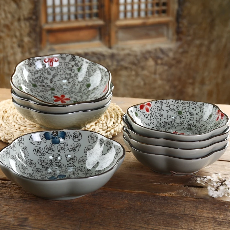 

Thickened Underglaze Ceramic Plate Japanese Style Plum Blossom Shape Home Use Deep Fruit Plate Microwave Safe Handmade Drawing