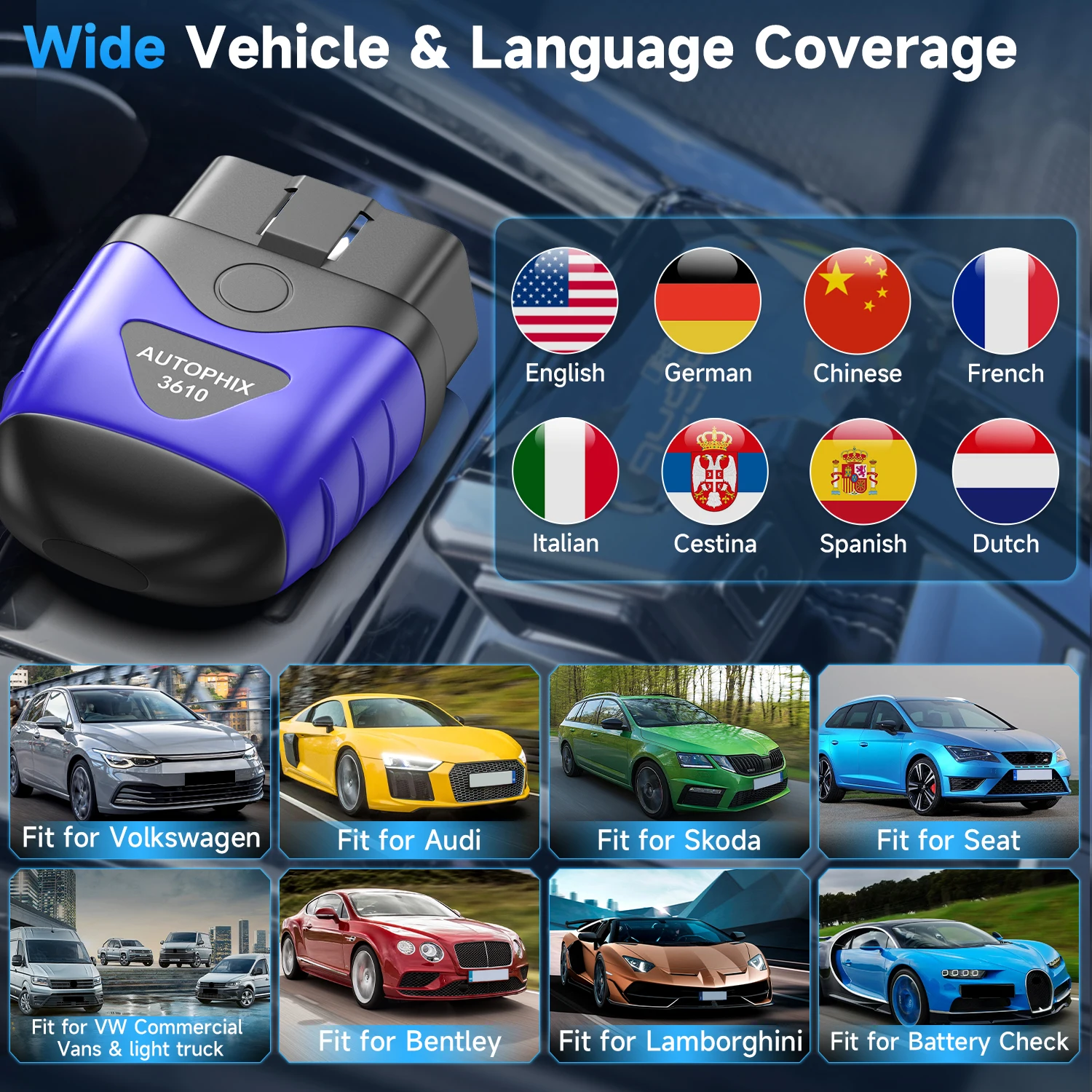 AUTOPHIX 3610 Bluetooth Diagnostic Tool for VAG VW Audi Skoda SEAT 12V Cars Full-System OBD2 Scanner Code Reader ABS SRS EPB