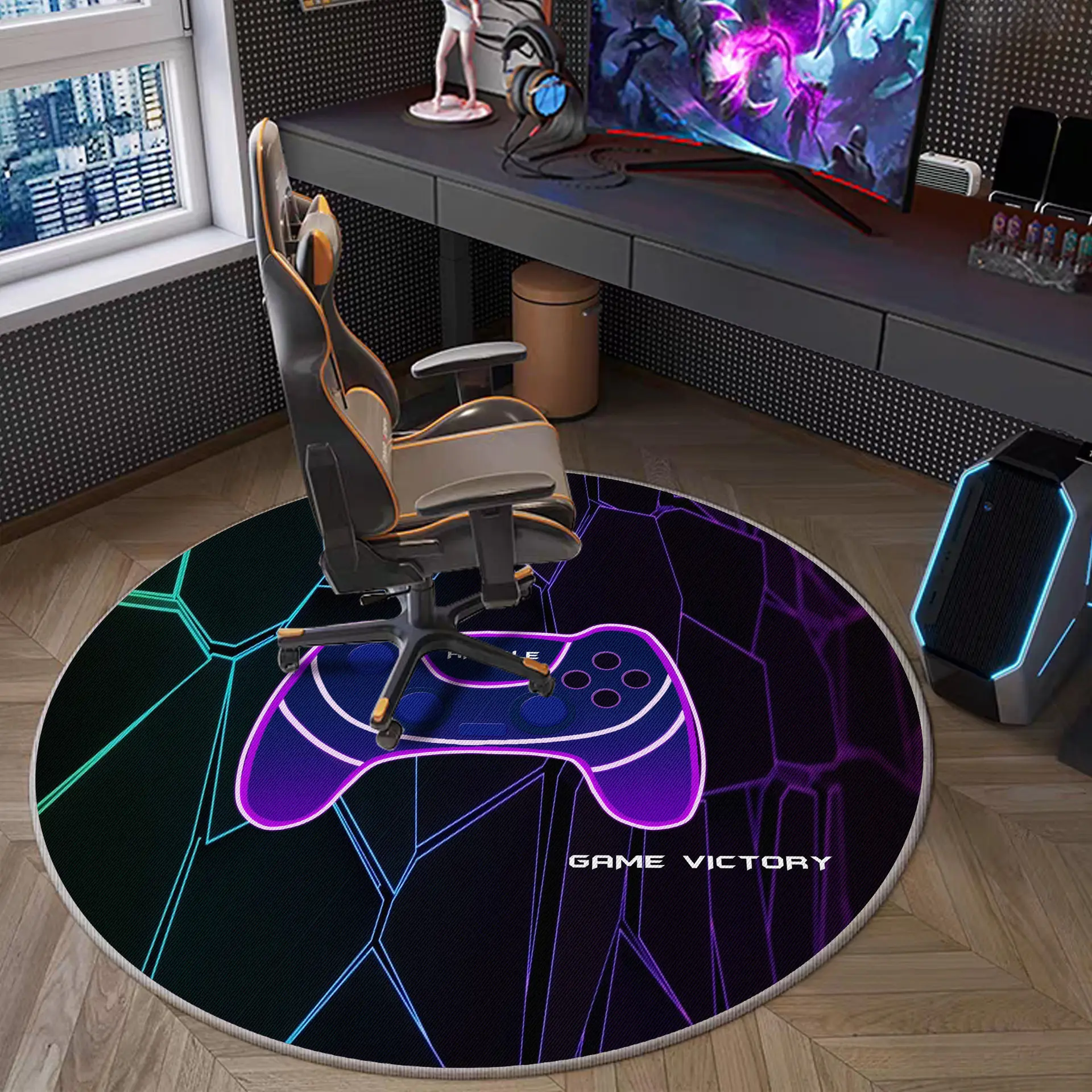 Gaming for Boys Room Gamer Casual Round Carpet with Controller Design Rug for Game Room Bedroom Decor Non-slip Floor Mat