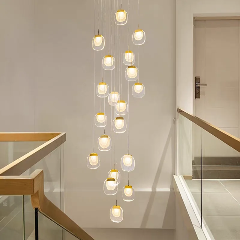 

Nordic Light Luxury Rotating Staircase Chandeliers, Gold Square Simple Crystal Light, Bedroom Lighting, Interior Decor, Dimmable