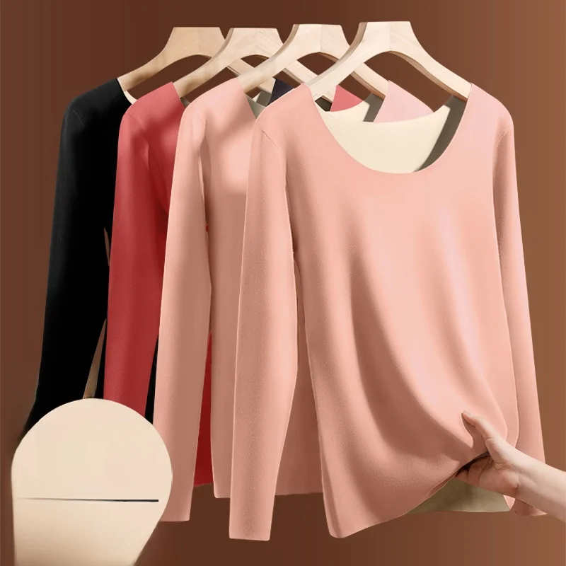 

Thiened Fce Long Sve round Ne Base irt Внутренняя одежда Топ для женщин Зимняя модная теплая корейская футболка Sli