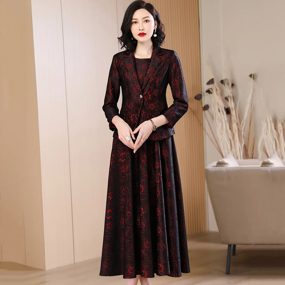 New Women Elegant Burgundy Dress Suits Spring Autumn Fashion Jacquard Single Button Slim Blazer and O-Neck Sleeveless Dress