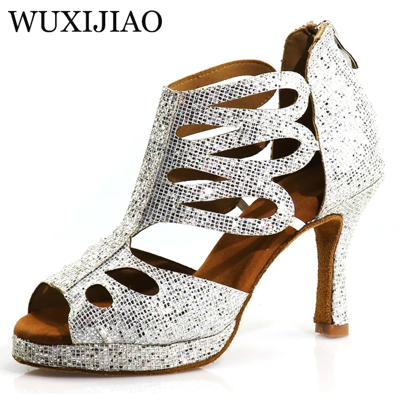 WUXIJIAO New High Top Dance Shoes White Black Glitter Cloth Ladies High Heels Salsa Ballroom Dance Shoes Girls Salsa Dance Shoes