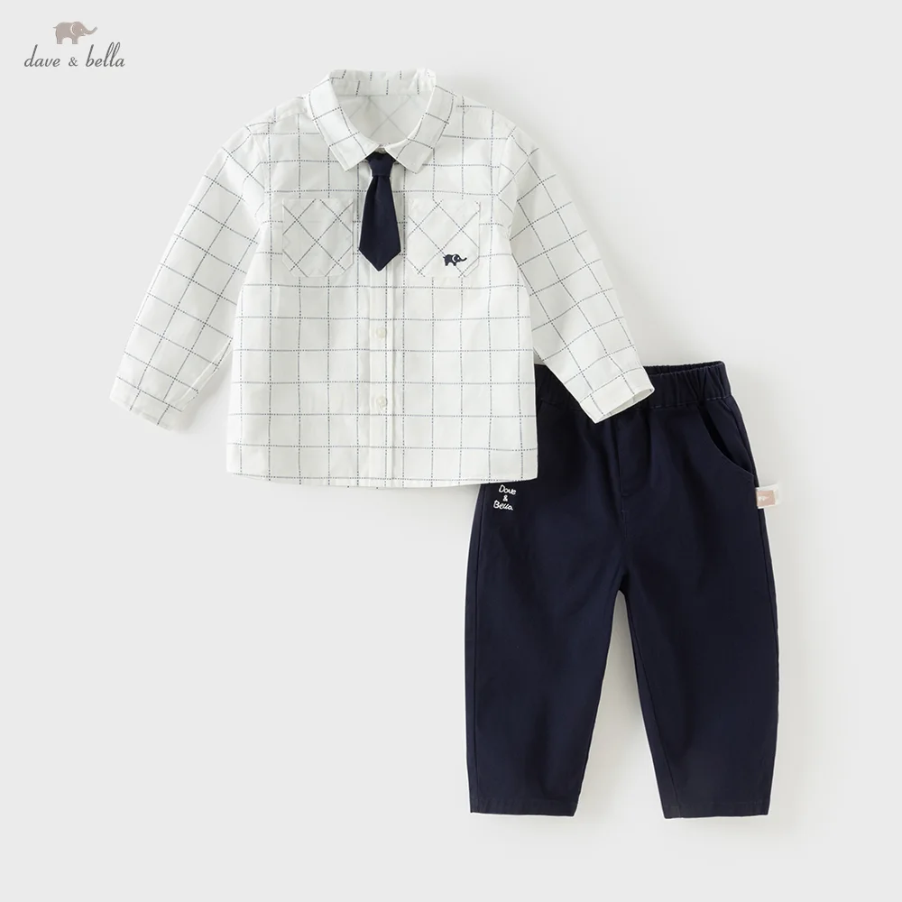 Dave Bella Two Piece Set Autumn Boy Suit Spring Checkered Shirt Top Sports Daily Trousers Pant Formal Children Fashion DB3263371