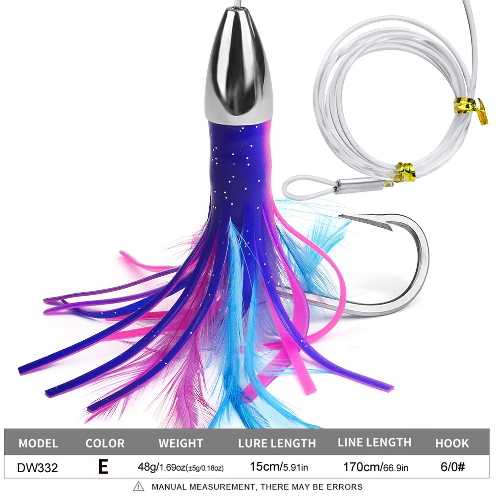 

1PC 66.9in48g Deep-sea Seawater Trolling Bait Fishing Lure Zinc Alloy Head Octopus Squid Skirt Bait Big Game Fishing Marlin Tuna