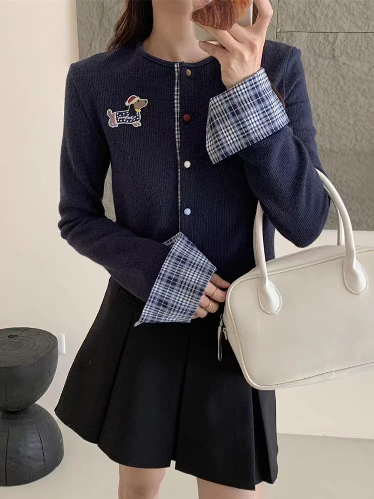 Coreano elegante camisola de malha cardigan feminino outono inverno manga longa cão bordado malhas topos moda chique senhoras jumpers