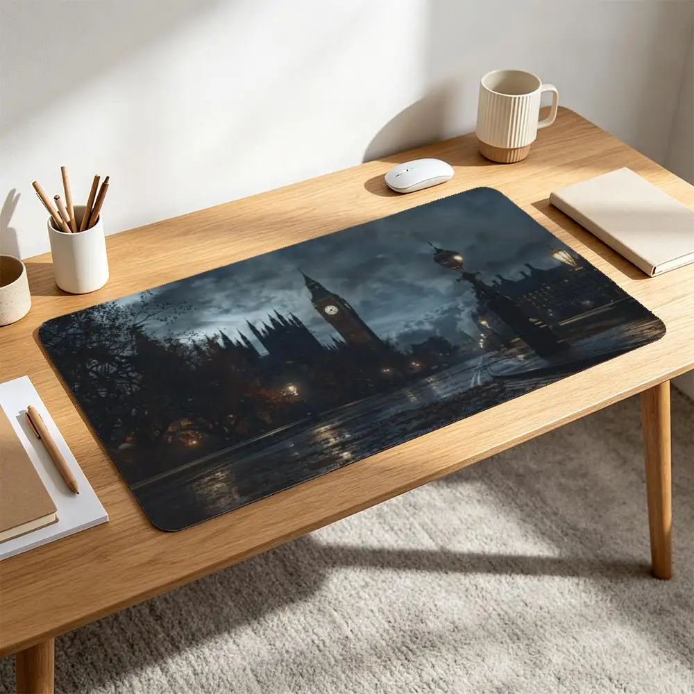 Dark Rainy London Big Ben Street View XL Gaming Mouse Pad Large Non Slip Rubber Base Waterproof Desk Mat, Great Gift for Gamers