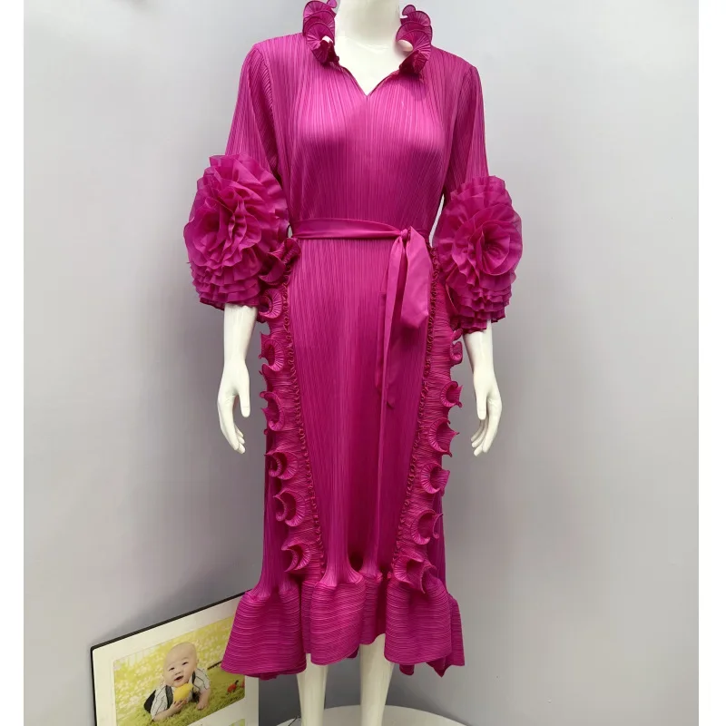 2024 Autumn Miyake New Pleated Hand-cranked Lace Edge Fashionable Large Size Dress Long Dress