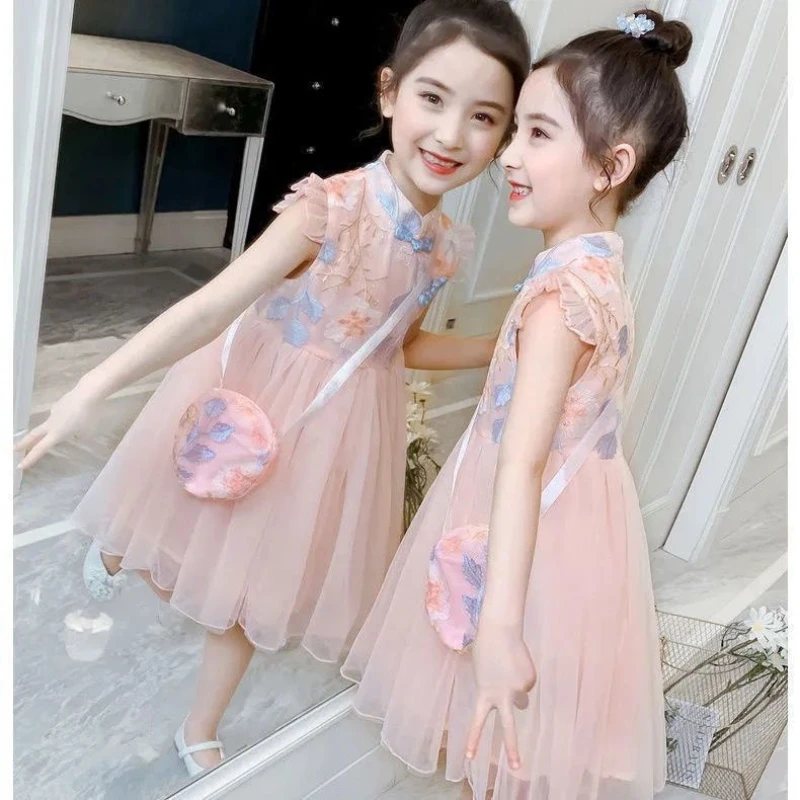 Girls Dress Summer Clothes Hanfu New Fashion Children\'s Vintage Net Yarn Dress Kids Girls Dresses for School Wedding of 12 Years