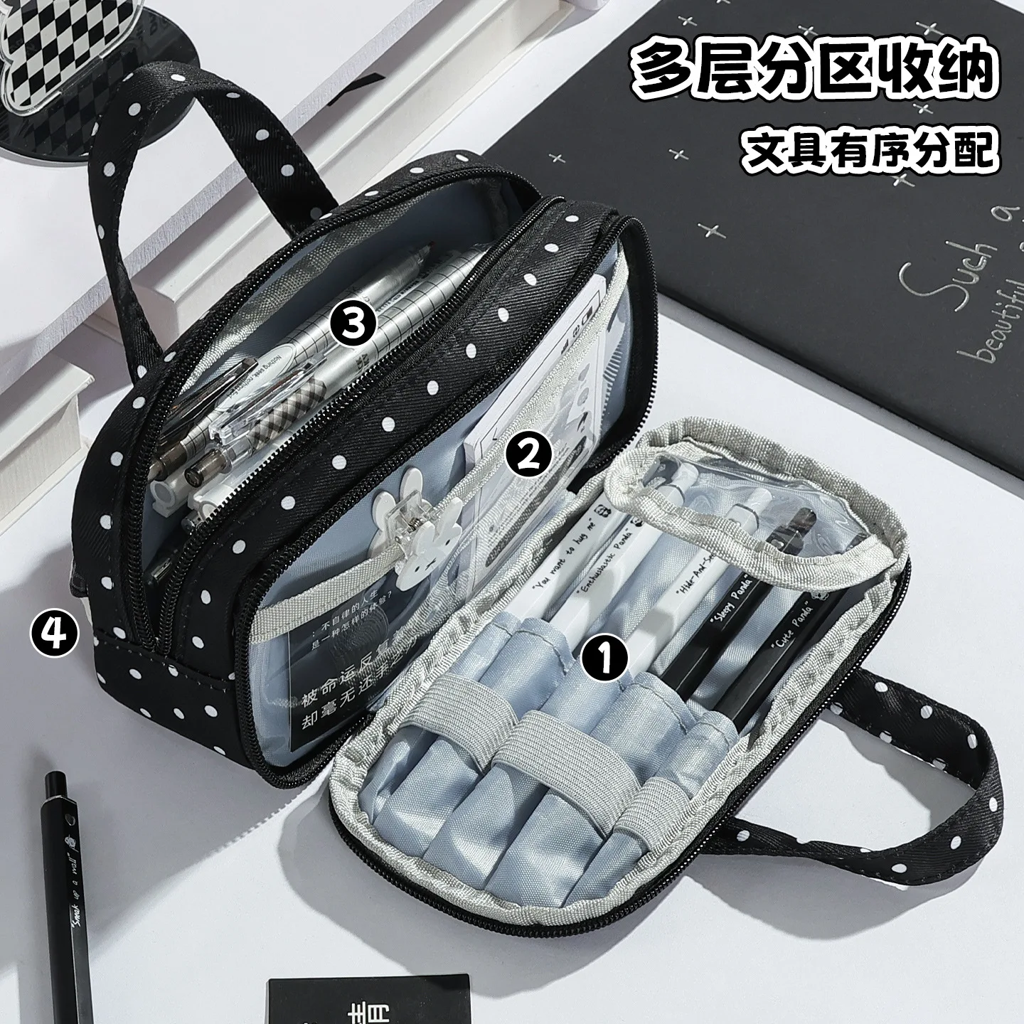 Kawaii Polka Dot Ruffle Lace Pencil Case Clear PVC Window Large Capacity Portable Pen Bag for Teen Girls Back To School Supplies