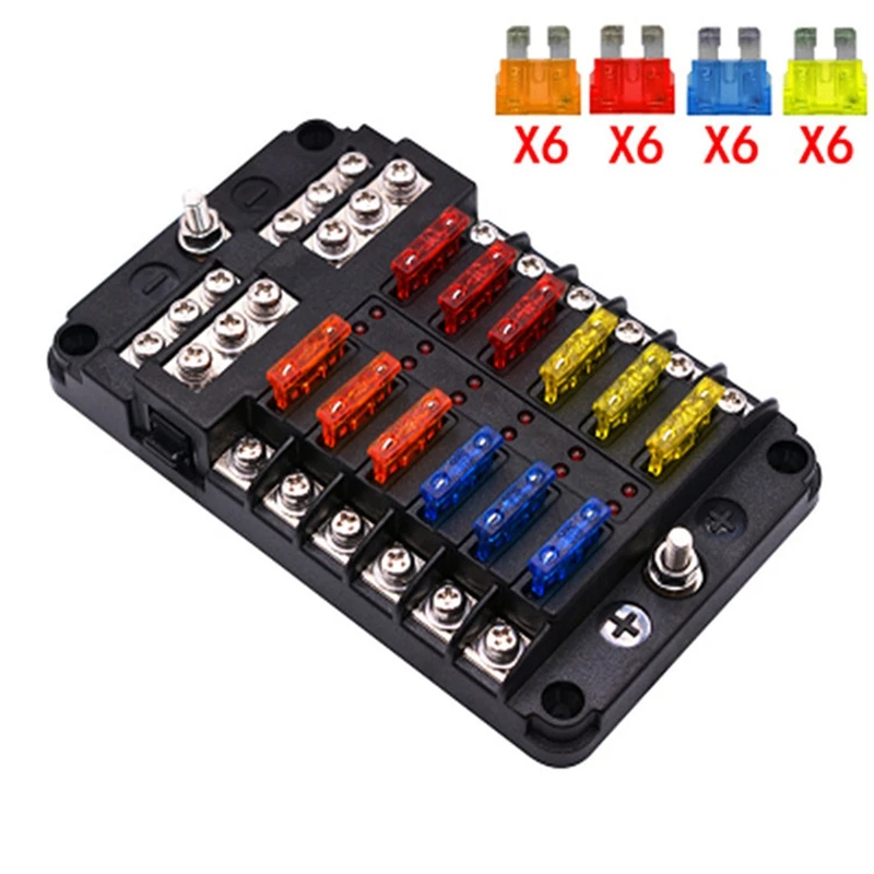 12V 32V Plastic Cover Fuse Box Holder M5 Stud With LED Indicator Light 12 Ways Blade For Auto Car Boat Marine Truck