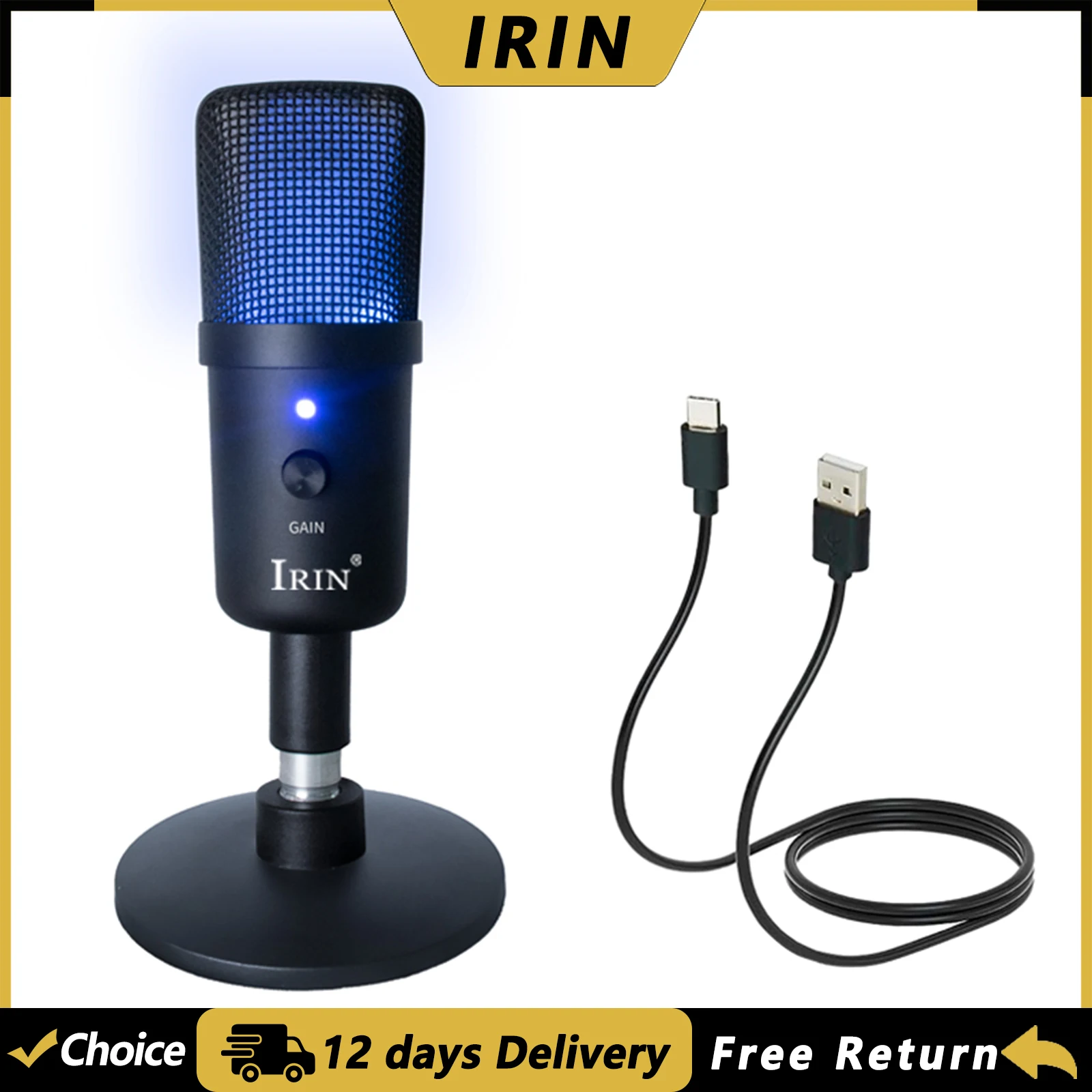 IRIN ZX-662 Condenser Microphone RGB Light HIFI Sound Mic 0 Delay Noise Reduction USB Plug Play for Gaming Streaming Recordings